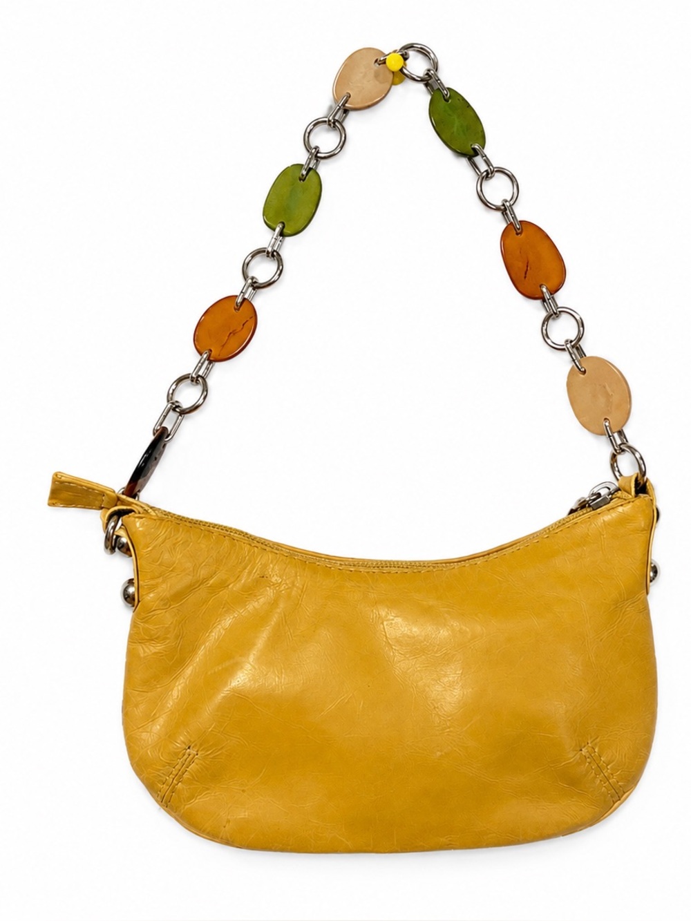 Women's Yellow Leather Shoulder Bag with Decorative Resin-Link Strap